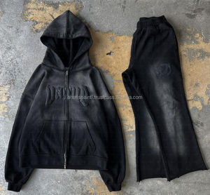 Sudadera con capucha y cremallera con lavado ácido personalizada para hombre, conjunto de Jogger con estampado de hojaldre Acampanado y pantalones de chándal, chándales de invierno - Product Image 1