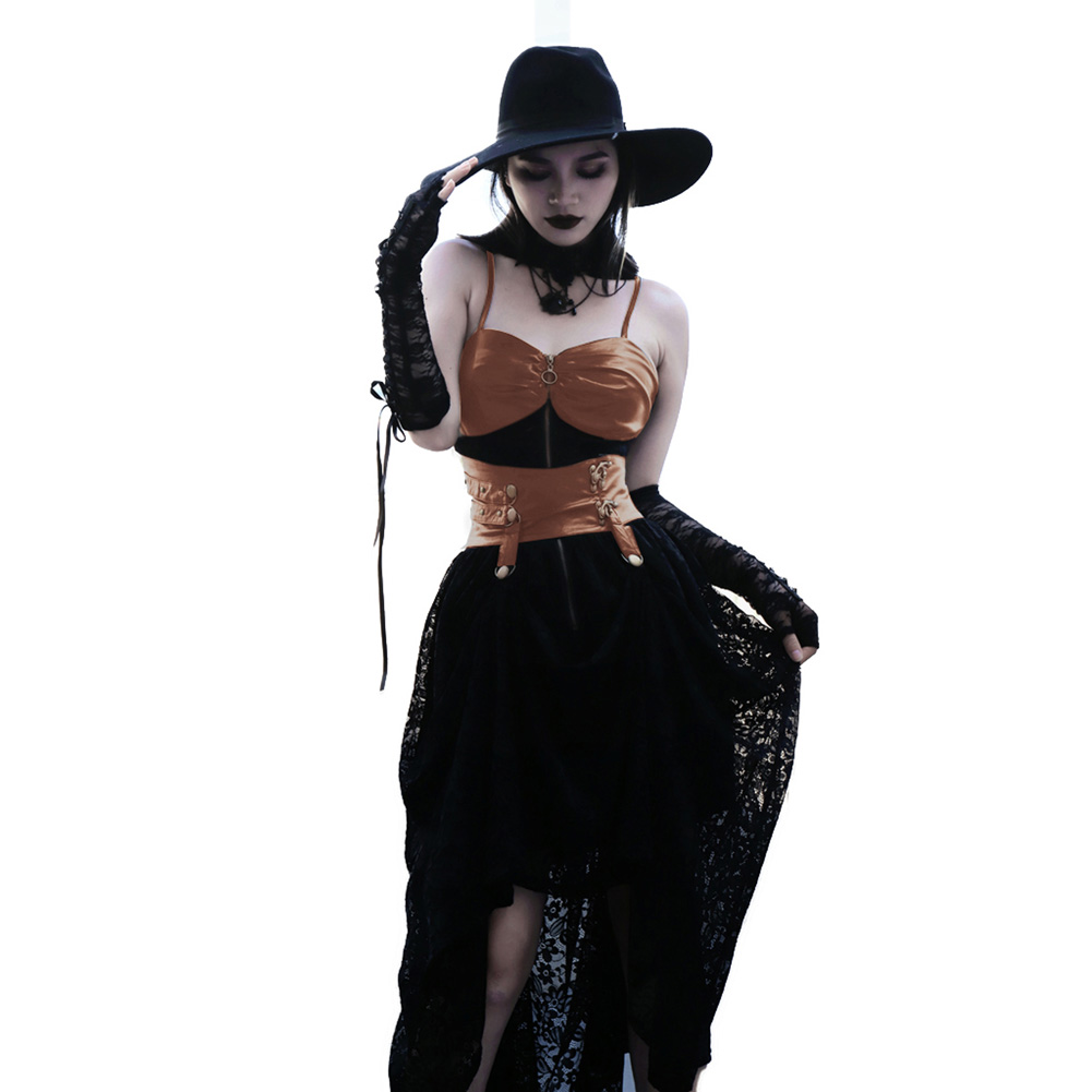 OEM Women's Steampunk Victorian Faux Leather Lace Dress - High-Low Hem,  V-Neck Style, Perfect for Summer Events, Sizes S-2XL