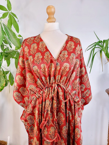 Mashru Kaftan de lujo rojo Beige gasa Ajrakh estampado a mano Mughal motivo Floral para verano invierno otoño primavera Casual bata de salón - Product Image 2