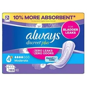 Always 153 Serviettes Discreet Plus pour fuites urinaires modérées, 153 serviettes - Product Image 1
