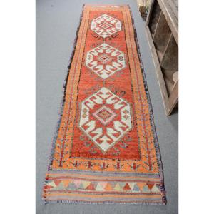 Turkish Vintage Rug, 3.1x11.4 ft <b>Runner</b> Rug, <b>Red</b> Herki Camouflage Rug - Product Image 1