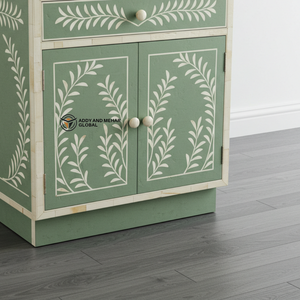 Mesita de Noche Artesanal con Incrustaciones de Hueso Verde, Diseño Floral de Vid, con Cajón y Gabinete - Product Image 3