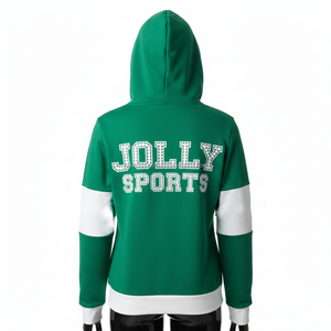 Sweat à capuche zippé pour femme en coton doux et polaire polyester, design à panneaux vert et blanc, logo personnalisé, décoration en strass, sweat à capuche basique avec fermeture éclair - Product Image 2