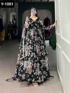 Indian Designer Women Wear Marble Silk Anarkali Gowns with Floral Print With Lace Touch Up Gowns Indian Salwar Kameez <b>Suit</b> - Product Image 6