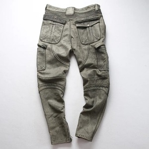 Pantalones de motociclista de piel de vaca genuina para hombre, pantalones Cargo de lona de cintura media con diseño de lápiz delgado con cierre de mosca de botón - Product Image 1