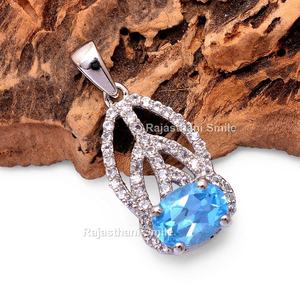 Colgante de circonia cúbica de Topacio Azul Natural de 8x6mm, colgantes finos de corte ovalado chapado en rodio de Plata de Ley 925 para regalo de moda para mujer - Product Image 3