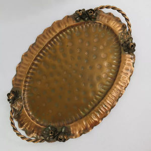Flowers And Leaves Designer Handles Premium Quality Brass Made Hammered Texture Oval Shape Luxury <b>Food</b> Serving <b>Tray</b> From India - Product Image 1