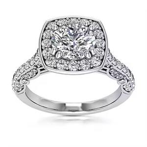 Anillo de compromiso de boda de oro blanco sólido original de 14 quilates, conjunto de Halo, anillos finos de diamante de moissanita pavé de tres lados - Product Image 5