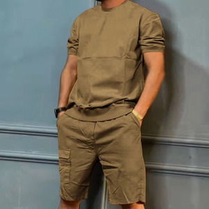 Conjunto de dos piezas de verano para hombre, camiseta de manga corta gris oscuro con pantalones cortos a juego, ropa informal de algodón ligero y transpirable. - Product Image 2