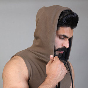 Camiseta sin mangas con capucha y cremallera completa para hombre, 100% algodón, para gimnasio, con logo personalizado, OEM, fitness, al por mayor - Product Image 3