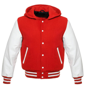 Veste pour homme personnalisée Corps en laine et bras en cuir Veste universitaire rouge à capuche personnalisée Première rangée Varsity Lettermen Jacket - Product Image 5