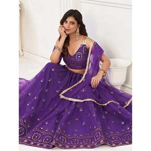 ชุดเลเฮนกาโชลีผ้าตาข่ายปักเลื่อมสีม่วงสุดหรูสำหรับงานแต่งงาน - Product Image 6