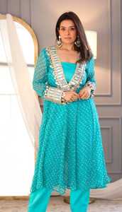 Tendance Viral Bandhani Imprimer Faux Miroir Travail Designer Coordset Anarkali Style Brodé Costume D'été pour Les Fêtes Long Ethnique - Product Image 3