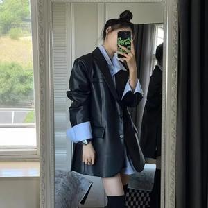 2024 nouveau Style femmes en cuir véritable veste coupe ample décontracté élégant haut de gamme sensation haut coréen Vintage noir veste - Product Image 5