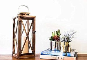 Lanterne à bougie en bois Décor de patio décoratif avec dessus en acier inoxydable et porte-lanterne en verre Décor pour intérieur - Product Image 5