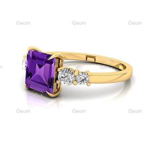 Gorgeous Natural Purple <b>Amethyst</b> Gemstone Halo Solitaire Wedding <b>Rings</b> 18K Solid <b>Gold</b> Adorned Genuine Diamonds Handmade Classic - Product Image 5