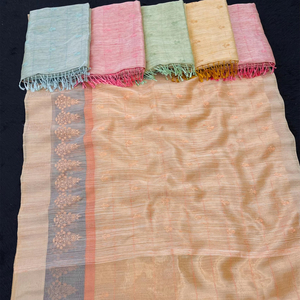 Magnifique sari abricot traditionnel doux et beau lin pour les événements spéciaux - Product Image 1