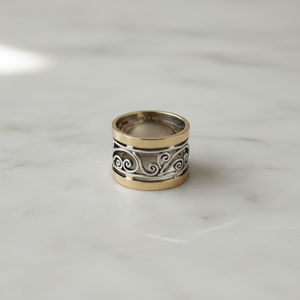 Silver & Gold Plated Swirl Pattern <b>Spinner</b> <b>Ring</b> - Handmade Two-Tone Design - Product Image 1