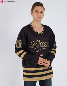 Maillot de hockey personnalisé noir-ancien or avec logo et nom imprimés, service OEM disponible, sublimation 100% polyester - Product Image 1
