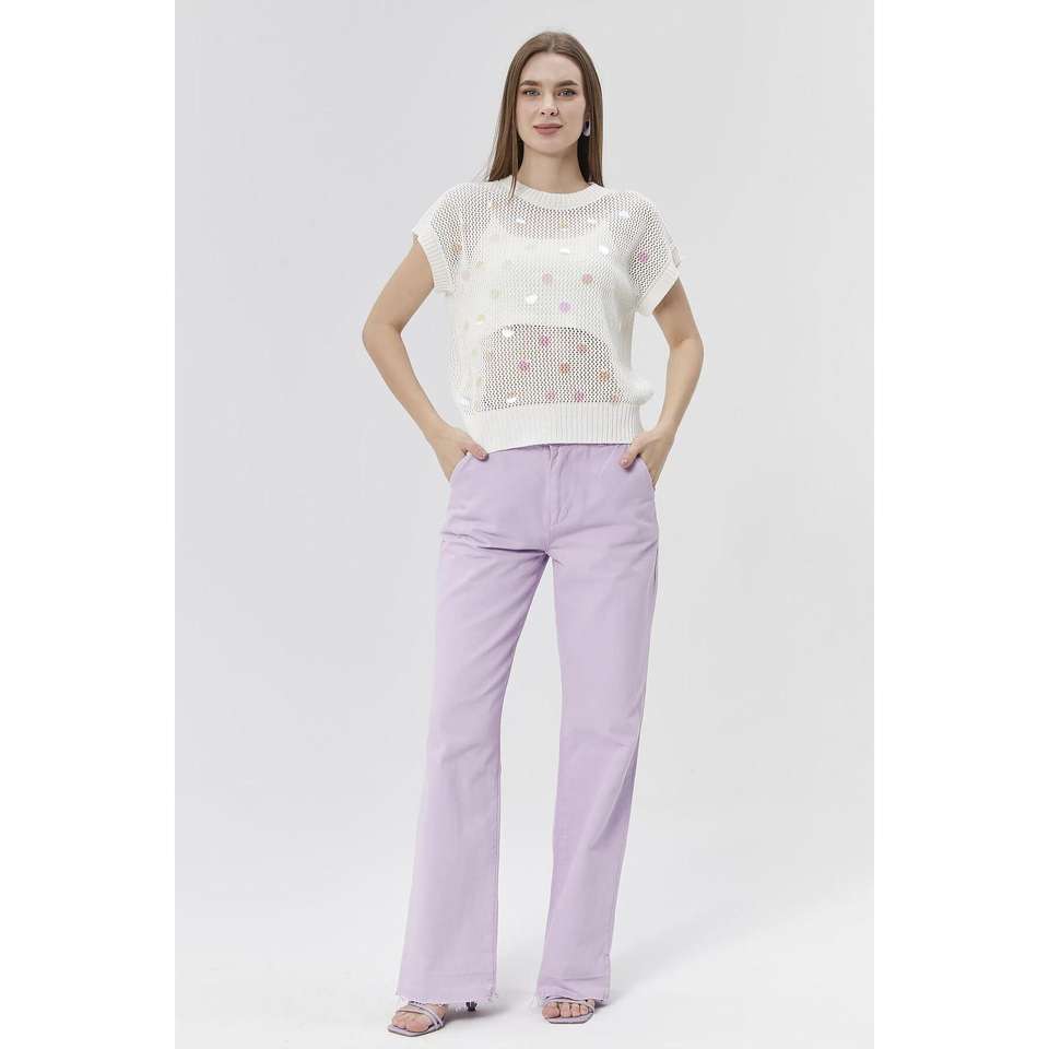 7567-Women's Openwork Sequin Detailed Sweater Blouse Crop Undershirt - Bone