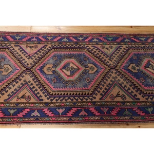 Alfombra Turca de 3,37x9,5 pies, Alfombra Geométrica Azul Vintage - Product Image 3