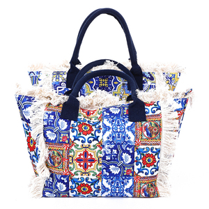 กระเป๋าผ้าแคนวาสสำหรับผู้หญิงมีซิปขอบผ้าฝ้ายขนาดใหญ่ลายเรขาคณิตเป็นมิตรกับสิ่งแวดล้อม - Product Image 1