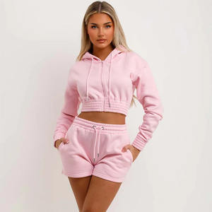 Custom Two Piece Distressed Woman Cotton Blank <b>Zip</b> up Cropped Sweatsuits Jogging Hoodie Tracksuits 2 Piece <b>Shorts</b> Set for Women - Product Image 5
