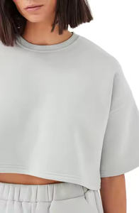 Señoras de manga corta Crop Top Sudadera Streetwear Moda Drop Shoulder Cropped Top Set Oversize 100% Algodón - Product Image 6