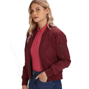 Wholesale Women's Burgundy Bomber <b>Jacket</b> Full Sleeve Zipper Closure Solid Color Windproof Polyester Woven Autumn Style - Product Image 3