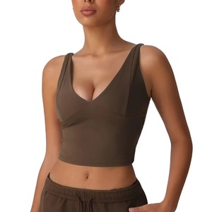 Camiseta sin mangas con cuello en V marrón personalizada para mujer, Camiseta corta ajustada Sexy, camiseta sin mangas corta con cuello en V profundo, colores OEM disponibles - Product Image 5