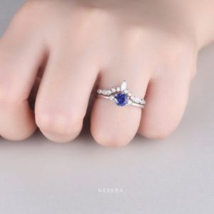 Handmade 2-Piece Wedding <b>Ring</b> Set - 14K Solid White <b>Gold</b> Round Cut Blue Sapphire Wedding <b>Ring</b> Paired with <b>Opal</b> Stacking Band - Product Image 3