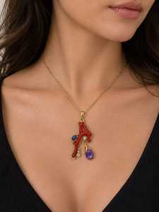 Collier et bracelet en or 22 carats avec pierres précieuses de corail naturel de qualité supérieure |   Bijoux faits main de luxe Istanbul - Cadeau pour les fêtes et le quotidien - Product Image 2