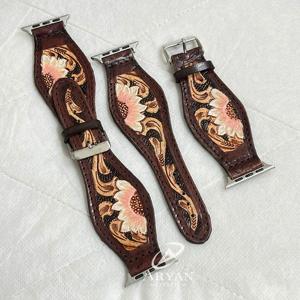 2026 Hand-made Quick Release Genuine Leather Watch Straps Trendy Floral Design Tooled Leather Smart Watch Replacement <b>Wrist</b> <b>Band</b> - Product Image 1