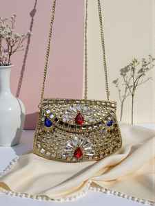 Mini Kundan Design <b>Clutch</b> bag wedding nikkah tiny purse handmade India 5 inches both side handwork bag wholesale manufacturer - Product Image 2