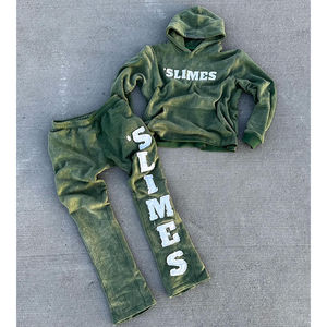 Ensemble survêtement unisexe en coton 100% délavé à l'acide, sweat à capuche zippé et pantalon évasé, imprimé avec des motifs de patchs usés, pantalon de survêtement d'hiver pour hommes - Product Image 4