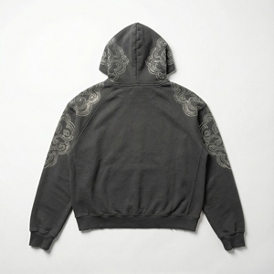 Sweat à capuche brodé pour homme en gros 2026, coton 500 g/m², molleton français, strass, coupe ample, style vintage délavé - Product Image 2