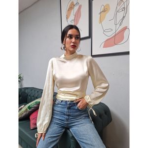 Blusa Elegante Corta de Satén para Mujer Mybeefashion, Top de Manga Larga con Mezcla de Algodón, Color Hueso para un Estilo Versátil - Product Image 1