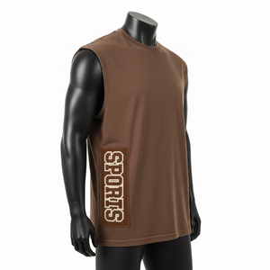 เสื้อยืดผู้ชายผ้าฝ้าย 100% ทรงหลวม พิมพ์ลาย เสื้อยืดแขนกุดโพลีเอสเตอร์พรีเมียม เนื้อผ้านุ่ม ยืดหยุ่น สีน้ำตาล พร้อมโลโก้ยาง - Product Image 4