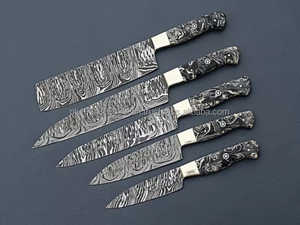 Lot de 5 couteaux de cuisine professionnels très vendus Couteau de chef en acier damas avec manche en bois Ensemble d'accessoires OEM et logo personnalisé - Product Image 5