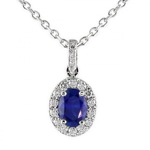 Saphir bleu naturel de taille ovale et Halo de diamant blanc rond Collier en or massif 14 carats pour femmes Grossiste de bijoux en saphir bleu - Product Image 1