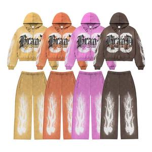 Survêtement personnalisé vintage délavé soleil délavé pour hommes 100% coton épais antibactérien pantalon de survêtement à capuche ensembles strass - Product Image 2