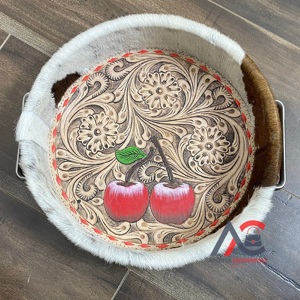Premium Hand Tooled Floral & Apple Motif Design Rustic Serving Tray Western Cowhide Leather Round Farmhouse Storage Organizer - Product Image 1