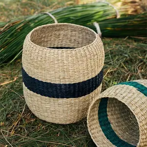 Woven Ottoman Natural Seagrass <b>Storage</b> <b>Baskets</b> Black Striped Straw Laundry <b>Basket</b> Rattan bin <b>Wicker</b> Organizer <b>Basket</b> Planter - Product Image 1