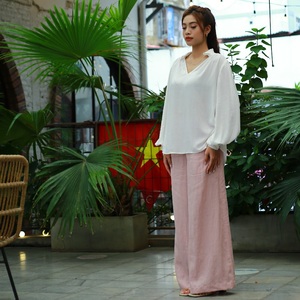 Blusa de oficina elegante para mujer con mangas largas Patrón a cuadros Tejido Lino y rayón Telas Estilo de moda de ajuste suelto - Product Image 2