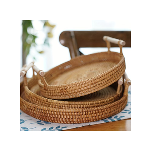 Plateau de séparation rond tissé à la main en rotin avec poignées pour le petit déjeuner, plateau rond en rotin pour boissons - Product Image 3