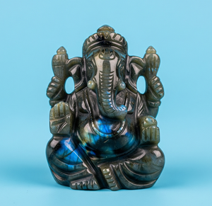 รูปปั้นพระพิฆเนศแกะสลักด้วยมือของขวัญธุรกิจลาบราดอไรต์คริสตัลบำบัดกึ่งมีค่าจากอินเดีย - Product Image 1