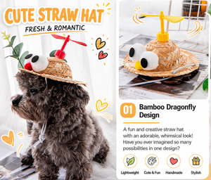 ELEVE Divertido Sombrero de Sol de Paja Tejida con Patrón Geométrico y Hélices para Perros y Gatos, Ajustable, Lindo Disfraz de Animal de Dibujos Animados para Fotos de Verano - Product Image 2
