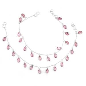 กำไลข้อเท้าเงินสเตอร์ลิง925อัญมณีสีชมพูและพลอยสีชมพูแท้10นิ้วปรับได้ของขวัญเป็นคู่สำหรับเธอ - Product Image 3