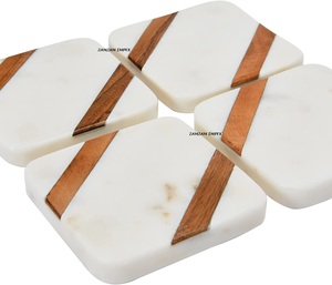 Elegante juego clásico de 4 posavasos cuadrados de mármol blanco y madera de acacia para mesa de centro Bar decoración del hogar - Product Image 2