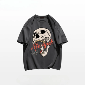 Verano moda peso pesado Retro calavera cabeza impresa 100% algodón camiseta para hombres cuello alto Casual Fitness calle estilo personaje - Product Image 5